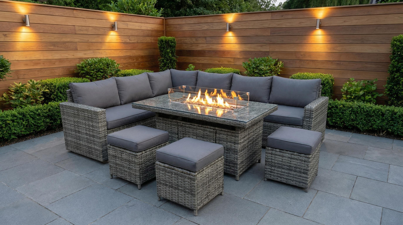 The Tarporley Grey 9 Seat Corner Firepit Rattan Dining Set