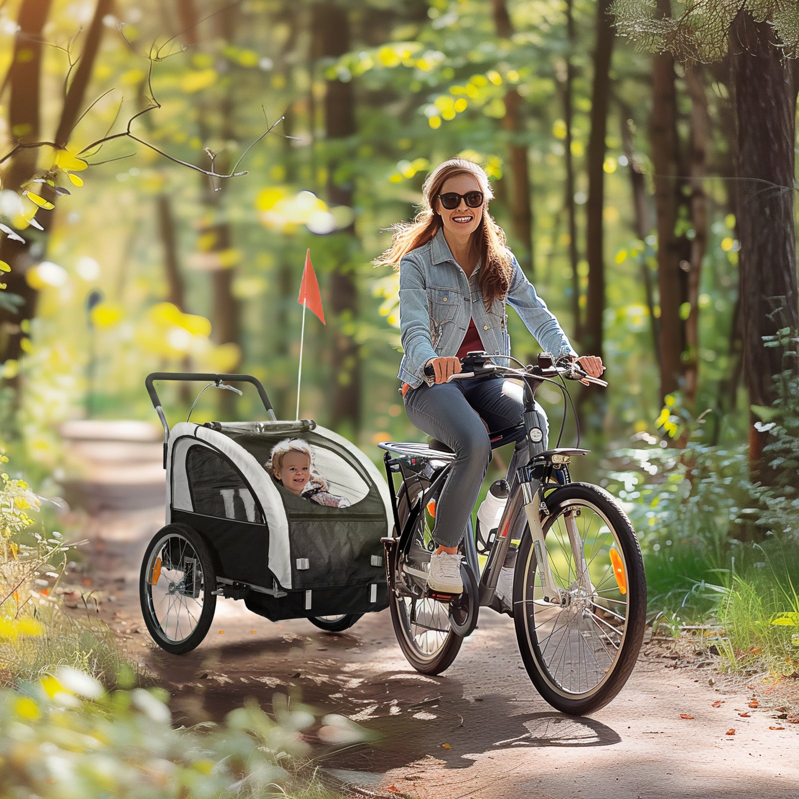 2 Seat Bike Trailer With 5 Point Harness, Safety Flag, Reflectors | Black