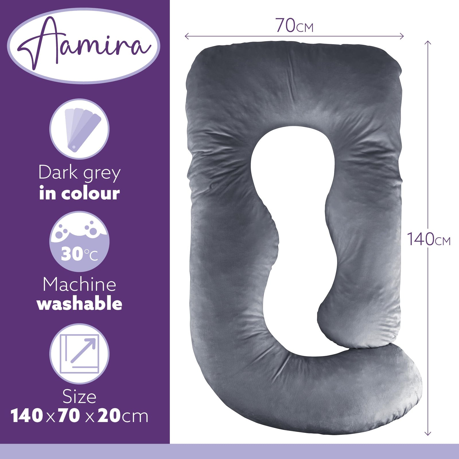 J Shaped Pregnancy Pillow, 140x70x20cm Shredded Memory Foam Full Body Maternity Cushion For Sleeping | J Shape | Dark Grey