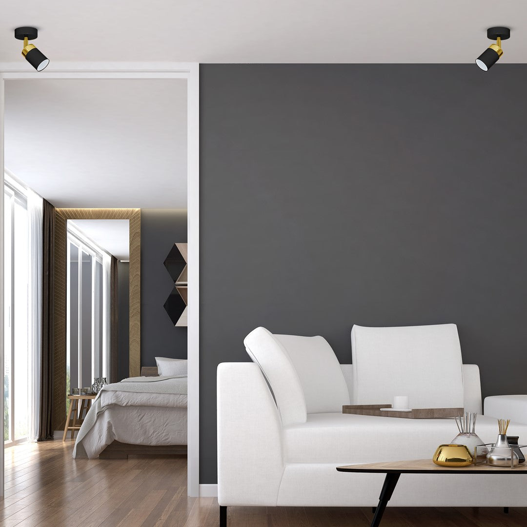 Joker Hand Made Ceiling Lamp In Matt Black With Luxurious Gold Detail Featuring Minmalistic Slender Cylinder Shades