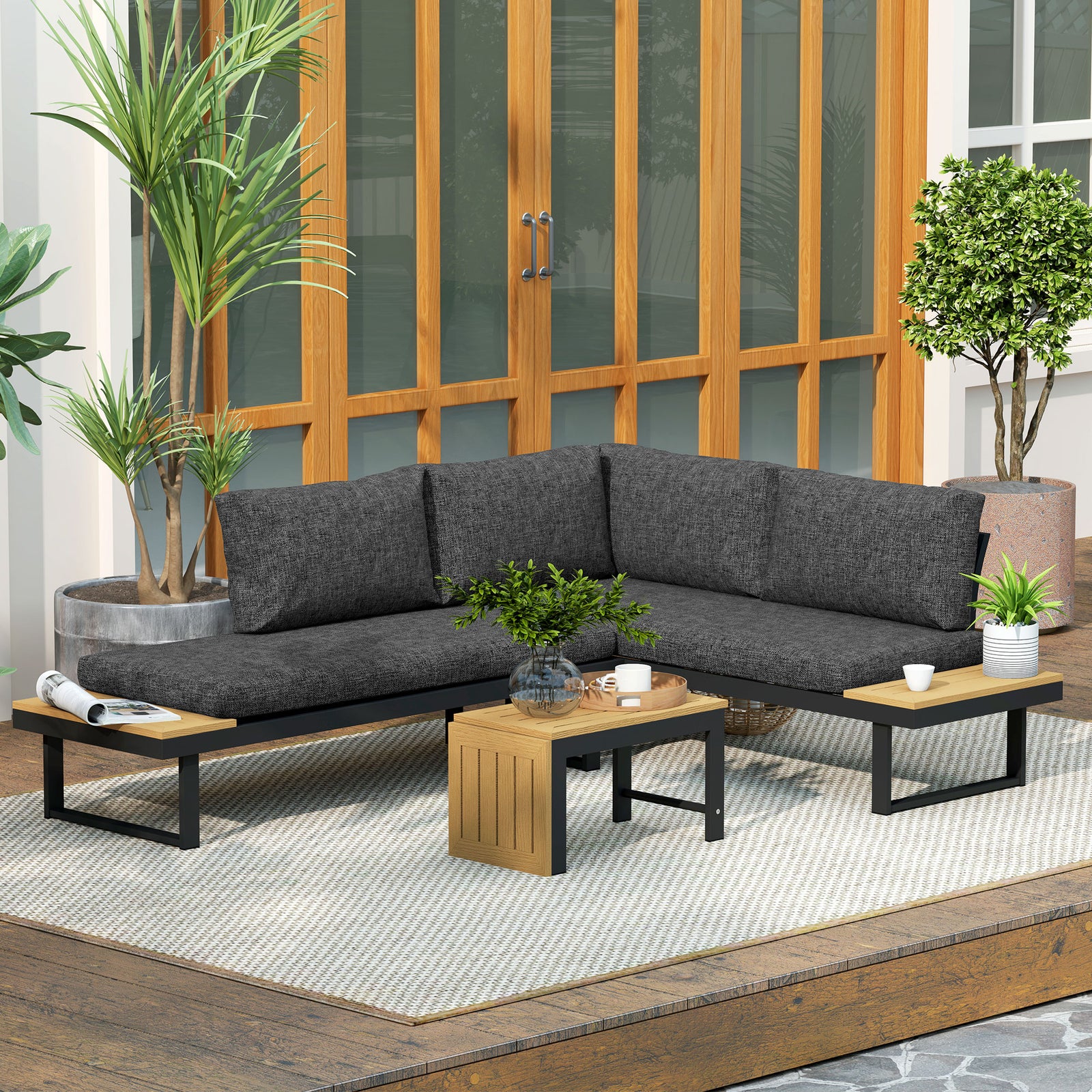 Outsunny 4 Seater L Shaped Aluminium Garden Furniture Set With Coffee Table