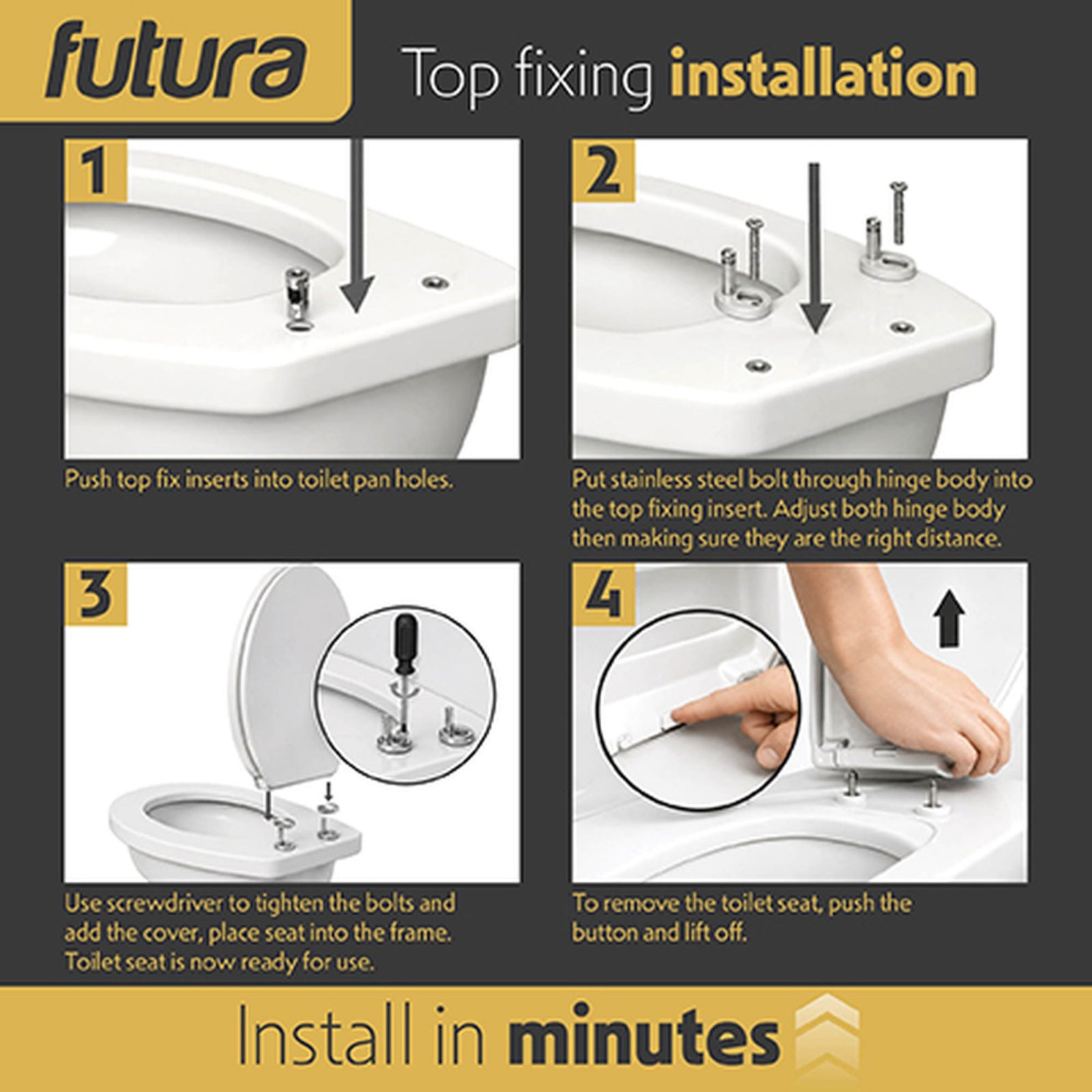 Toilet Seat Soft Close Oval Shape, Premium Thermoplastic, Quick Release, Top & Bottom Fixings | White
