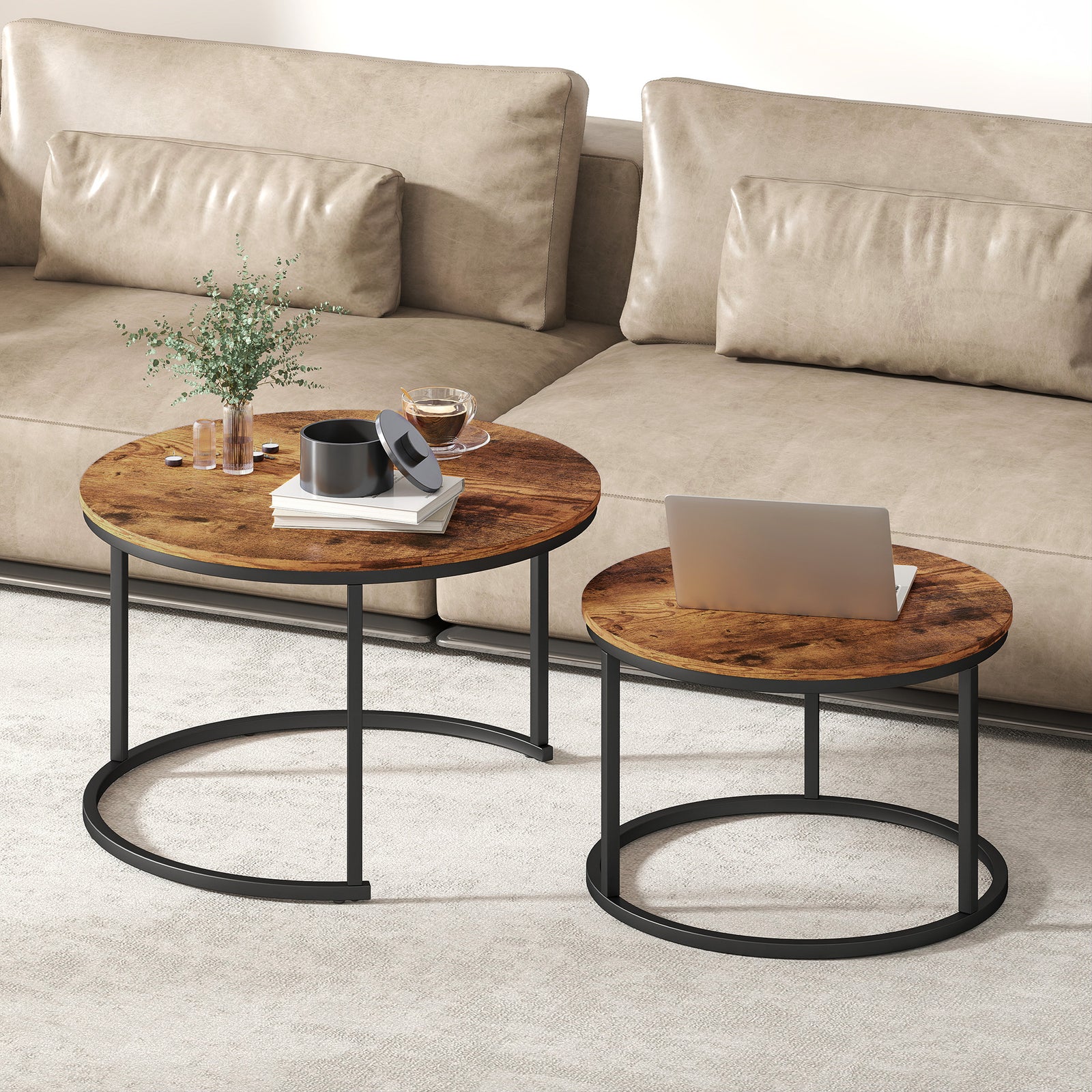 HOMCOM Marble Coffee Table Set Of 2, Round Nest Of Tables, Rustic Brown