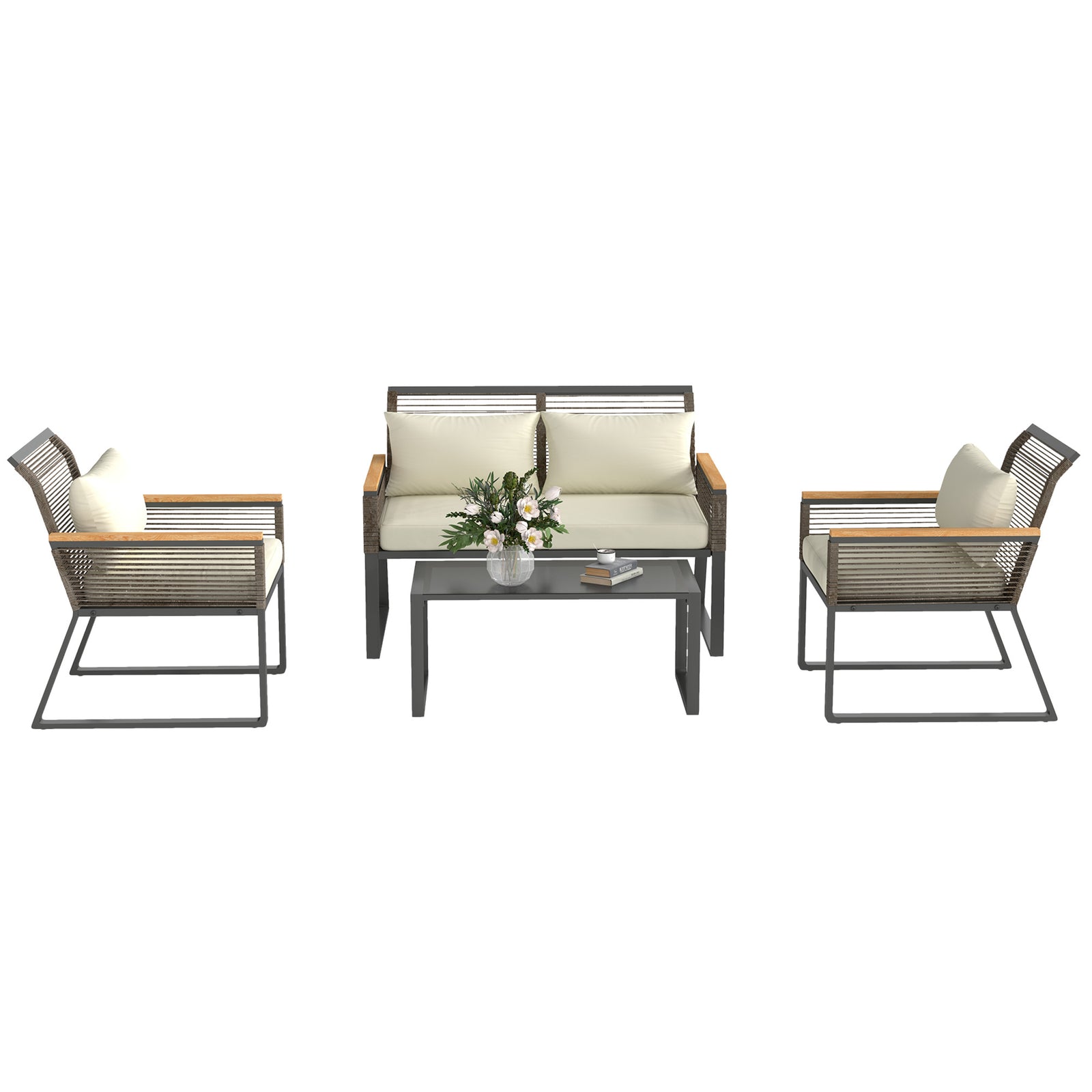 4 Seater Round Wicker Rope Garden Furniture Set W/ Cushions