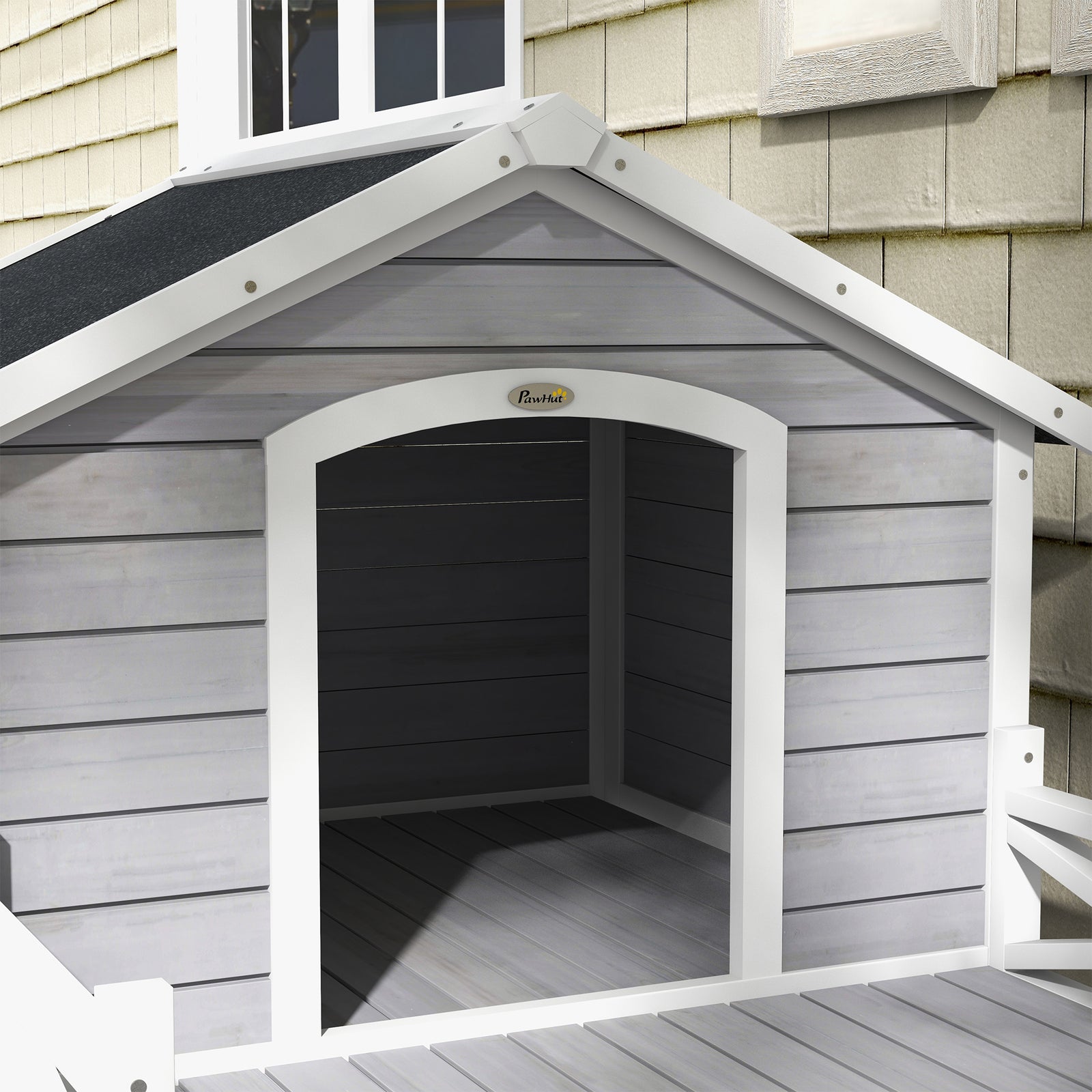 Wooden Dog House W/ Porch, Water-resistant Roof, For S M Dogs, Grey