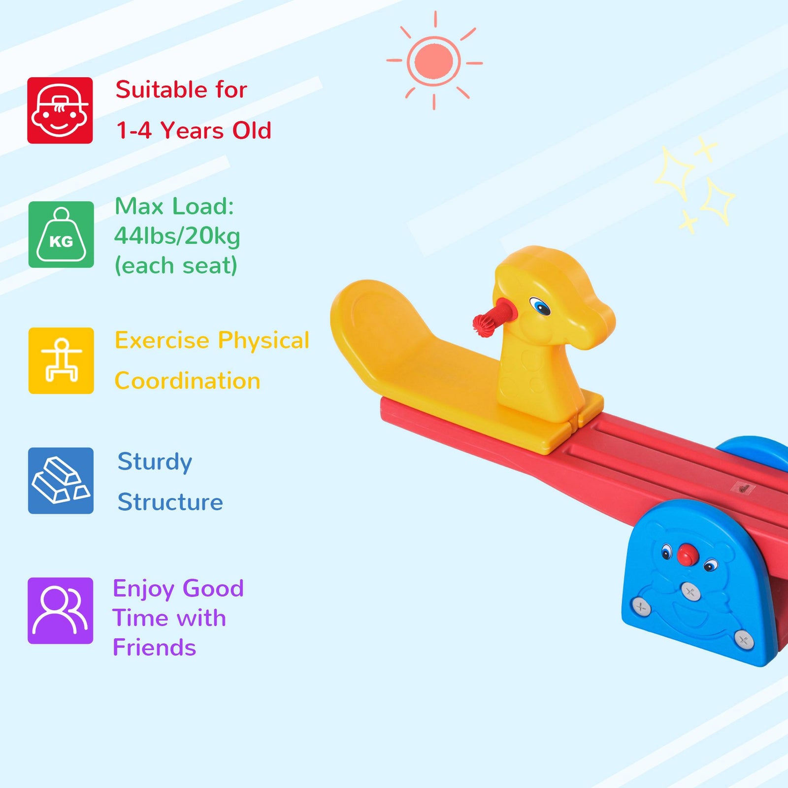 Kids Seesaw Safe Teeter Totter 2 Seats With Easy-grip Handles Multicolor
