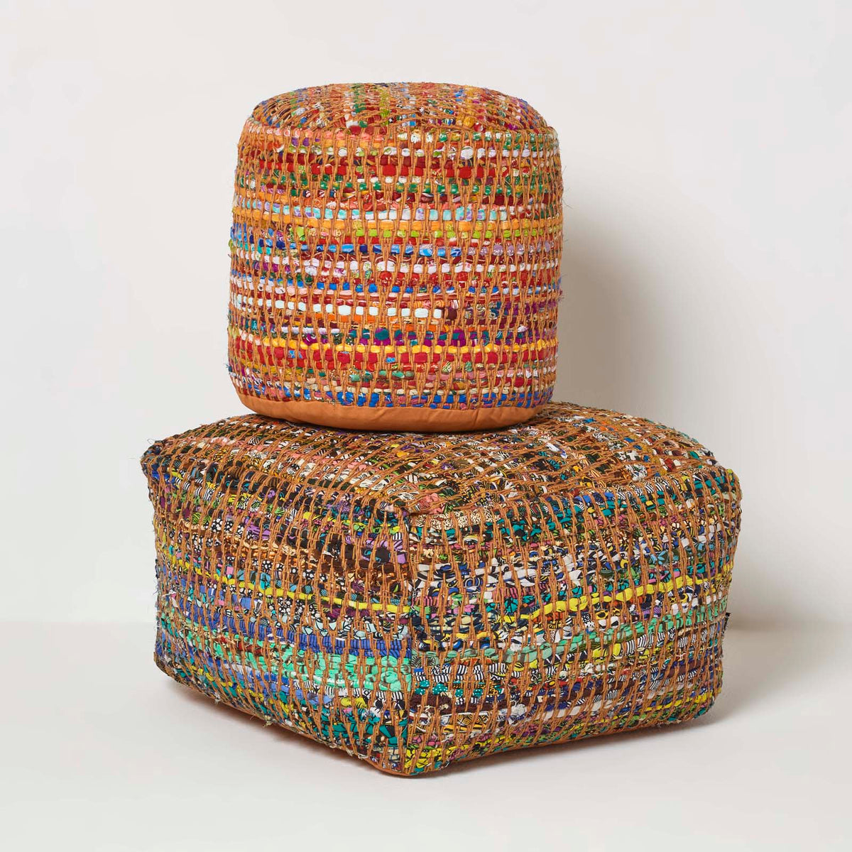 HOMESCAPES Red And Multi-colour Chindi Design Circular Bean Filled Pouffe