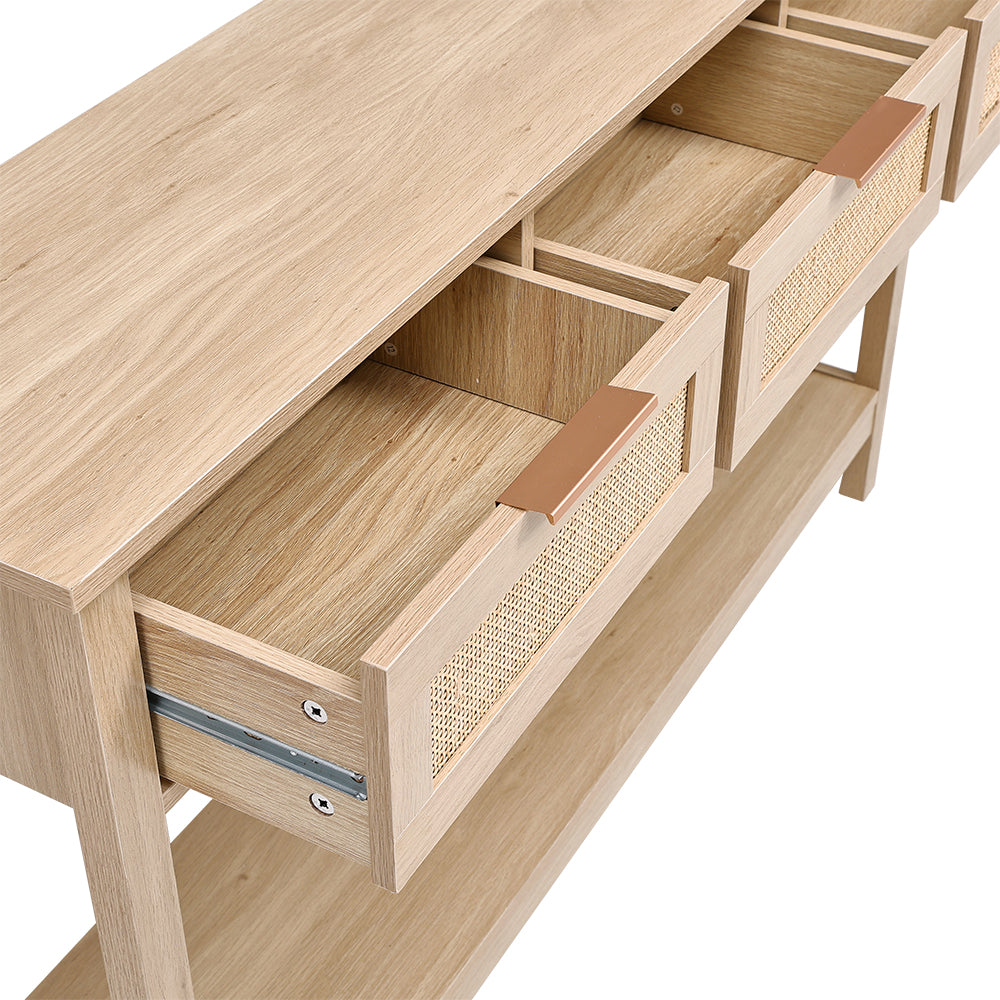 Breeins Rustic Wood Console Table With 3 Rattan Drawer