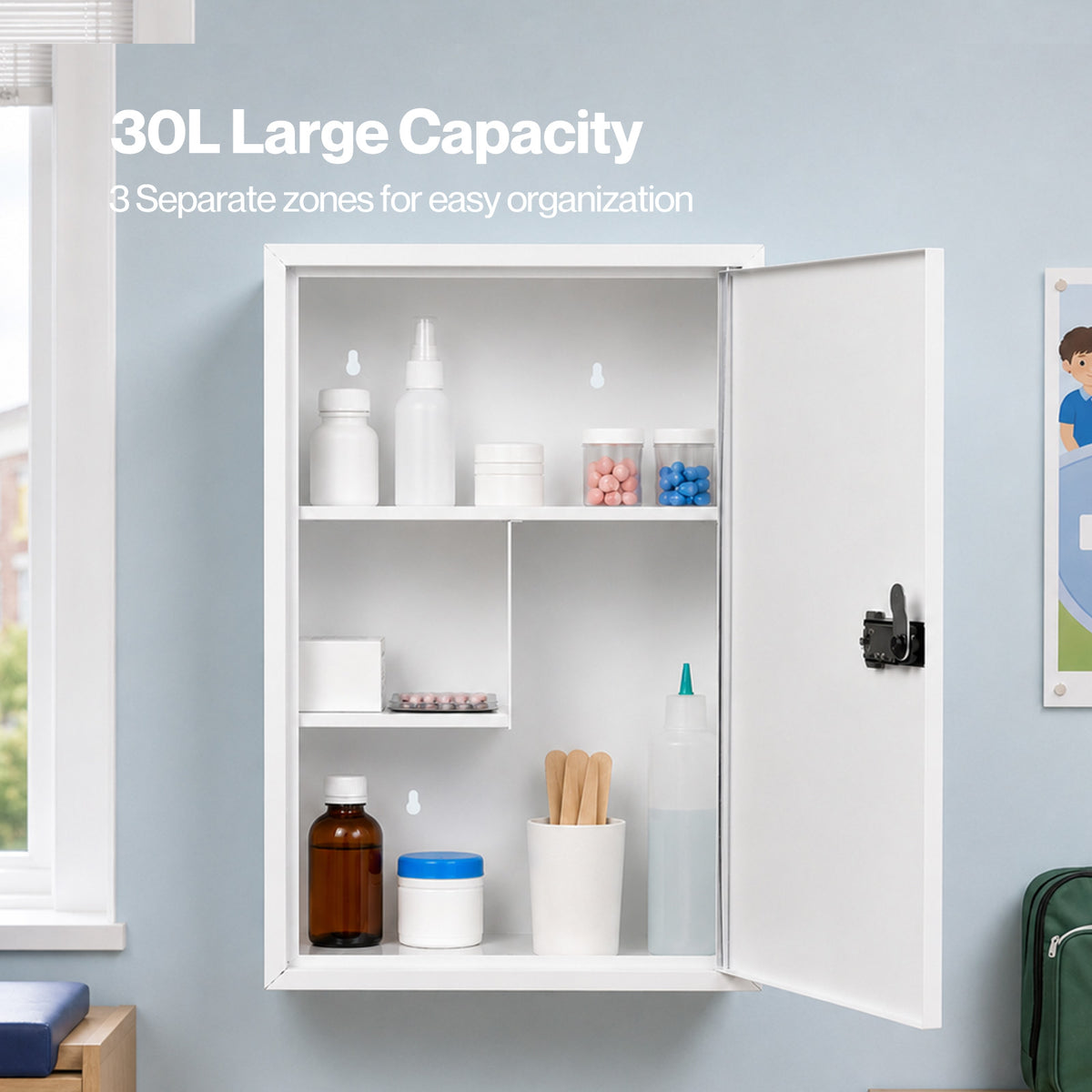 Medicine Cabinet Lockable Storage Box Wall Mounted Metal Home,white
