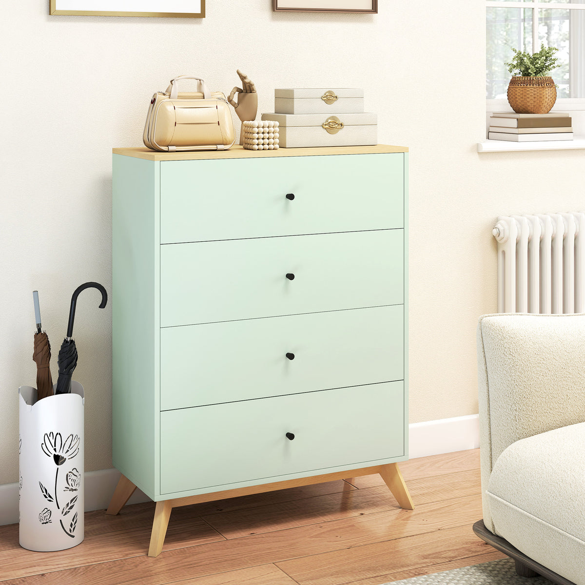 HOMCOM Chest Of Drawers, 4 Drawer Storage Cabinet, Light Green And Oak