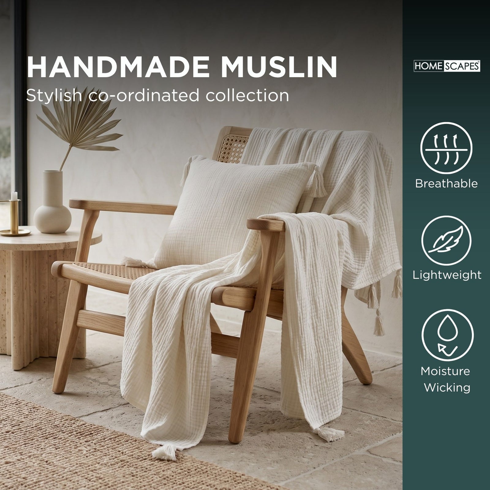 Pure Handmade Cotton Muslin Cushion With Cover | 45cm x 45cm | White
