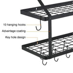 Wall-mounted 2 Tiers Pan Rack Pot Holders Storage With 10 Hooks Black