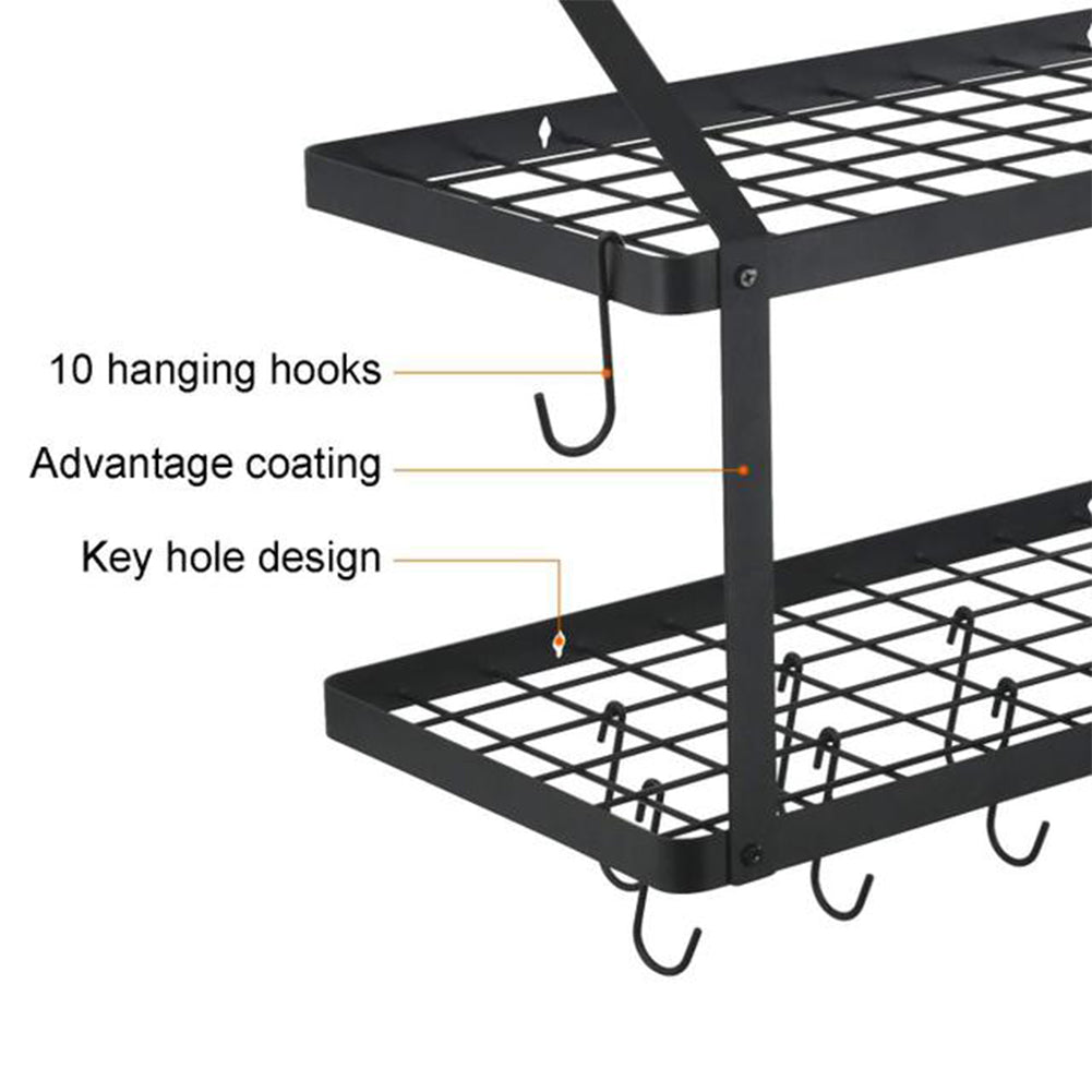 Wall-mounted 2 Tiers Pan Rack Pot Holders Storage With 10 Hooks Black