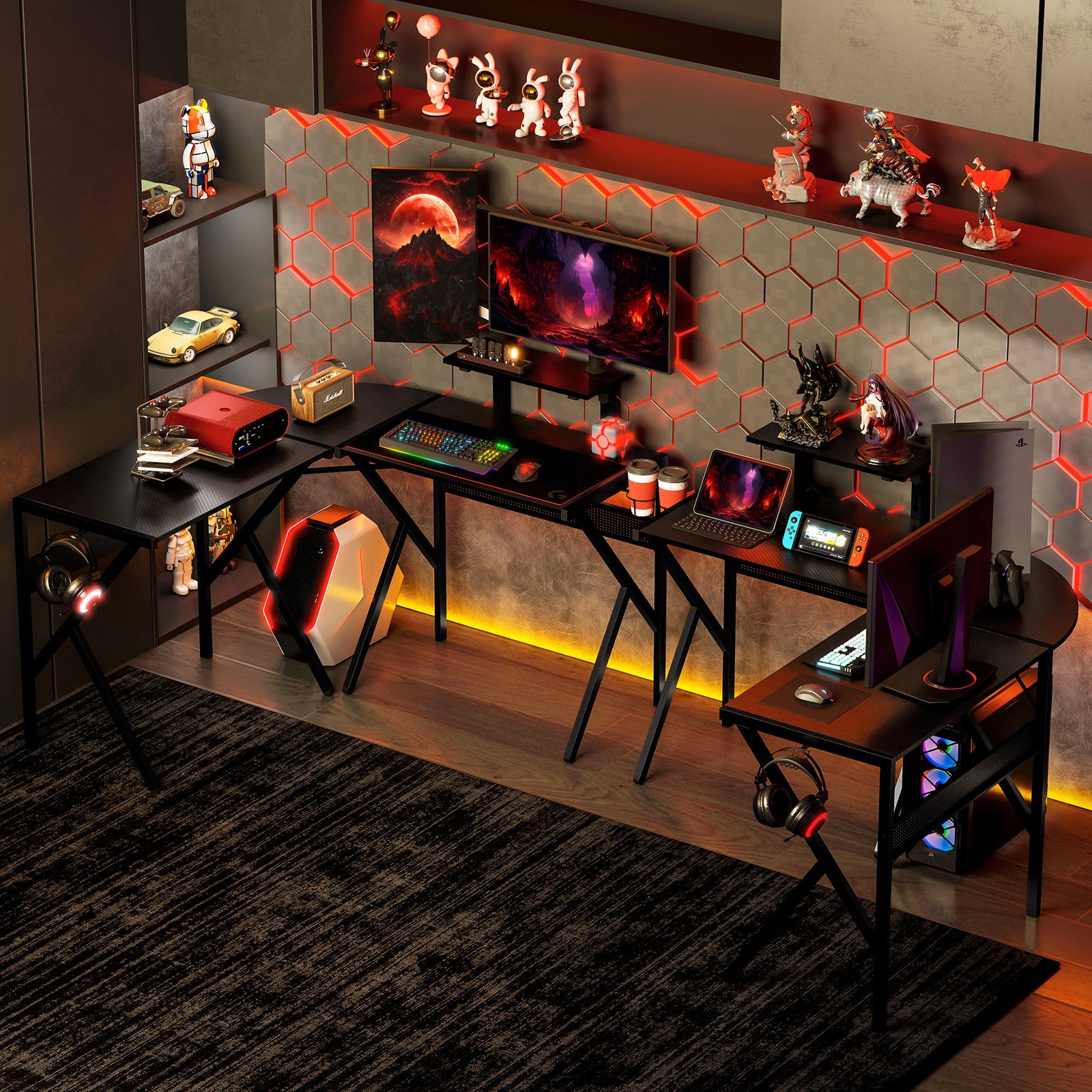 Corner Gaming Desk W/ Monitor Stand Cup Holder | Black