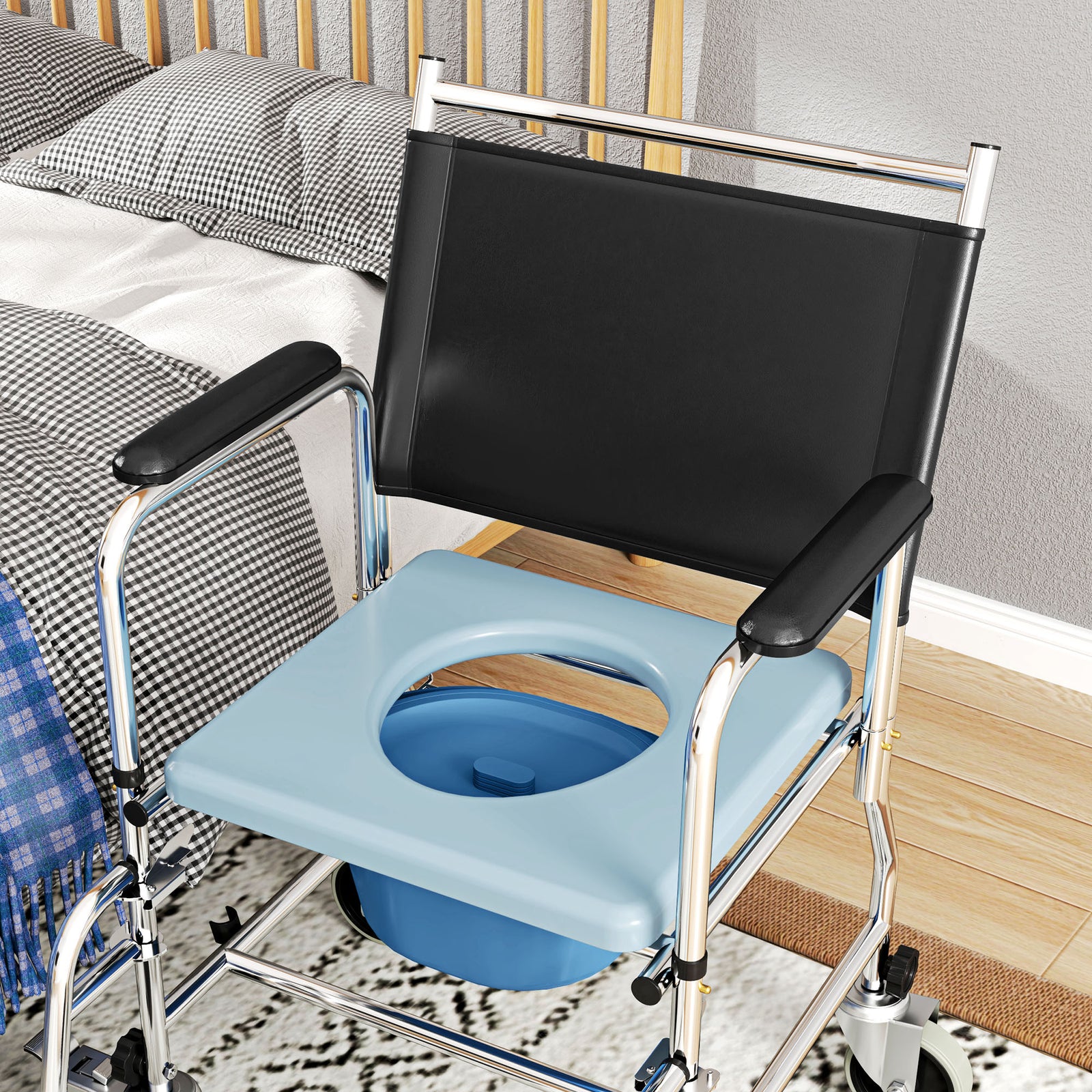 Shower Wheelchair, Commode Wheeled Chair With Padded Seat