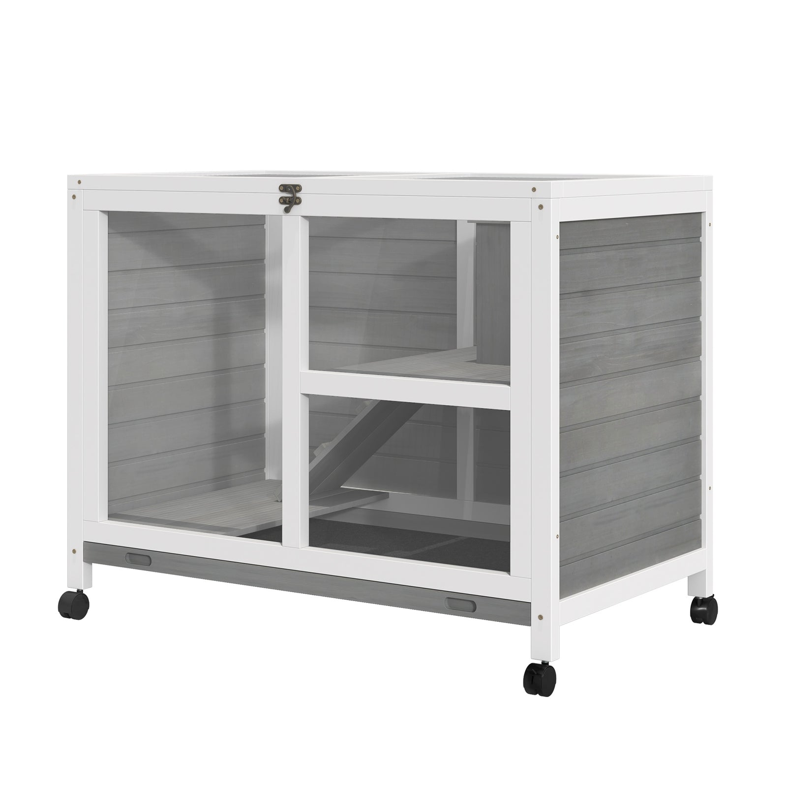 Wood Rabbit Hutch Bunny Cage Pet House Indoor W/ Tray Ramp | Gray