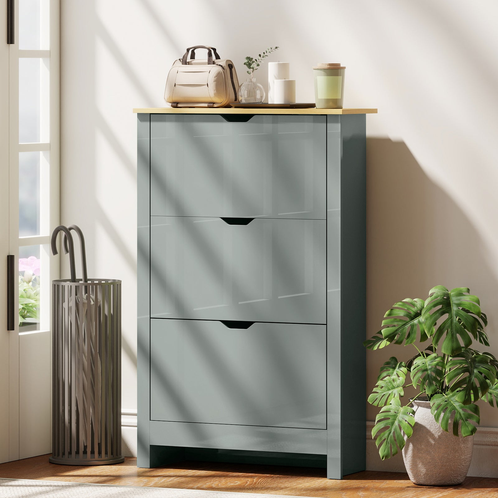 18-shoe Storage Cabinet 6 Shelves 3 Drawers Tabletop High | Light Grey