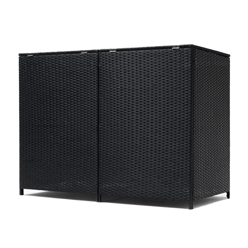 Pe Rattan Double Trash Can Storage Shed With Lid & Front Door, Outdoor Garbage Bin Enclosure, Metal Frame, Weather-resistant Wicker Design | Black