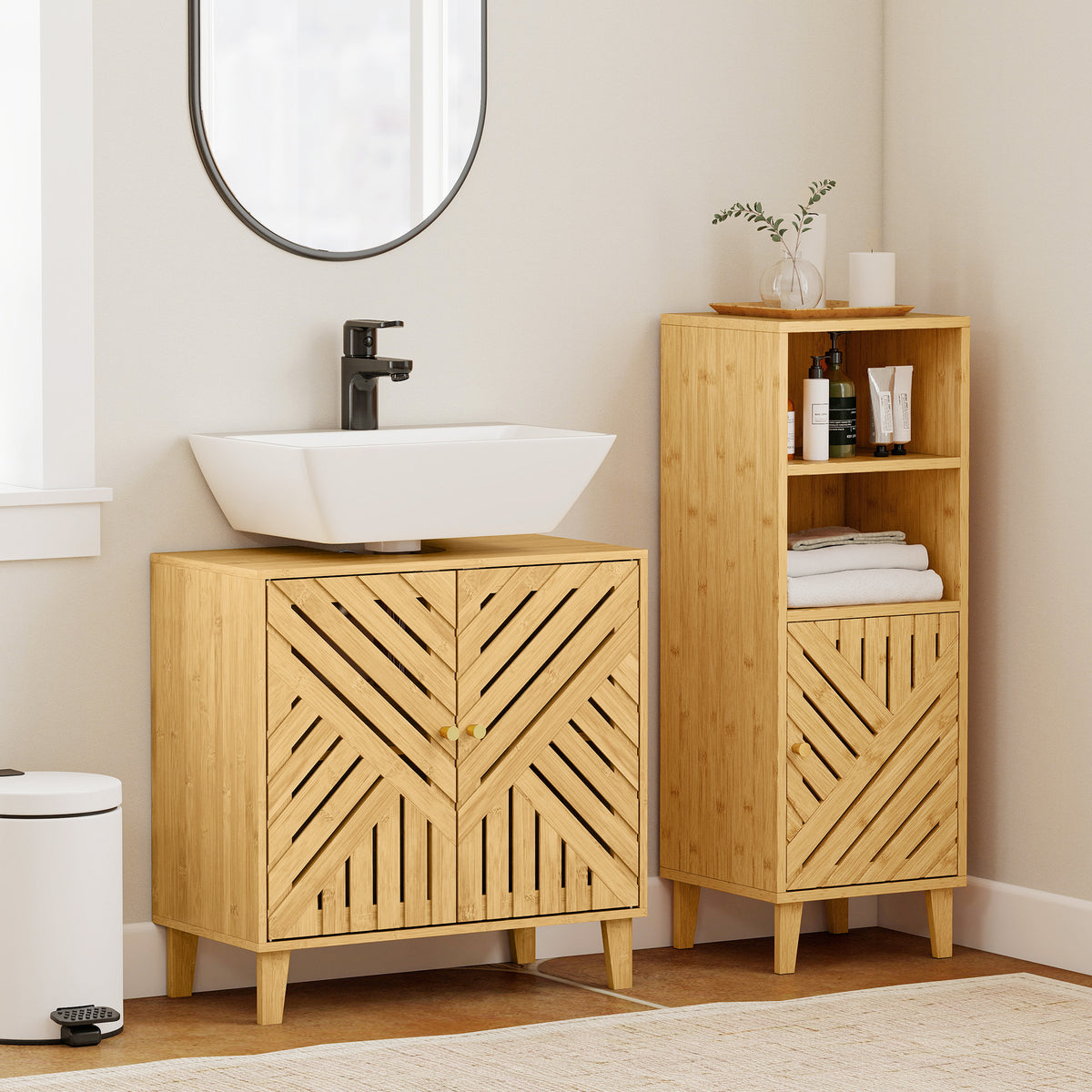 HOMCOM Bamboo Bathroom Under Sink Cabinet With Adjustable Shelf, Natural