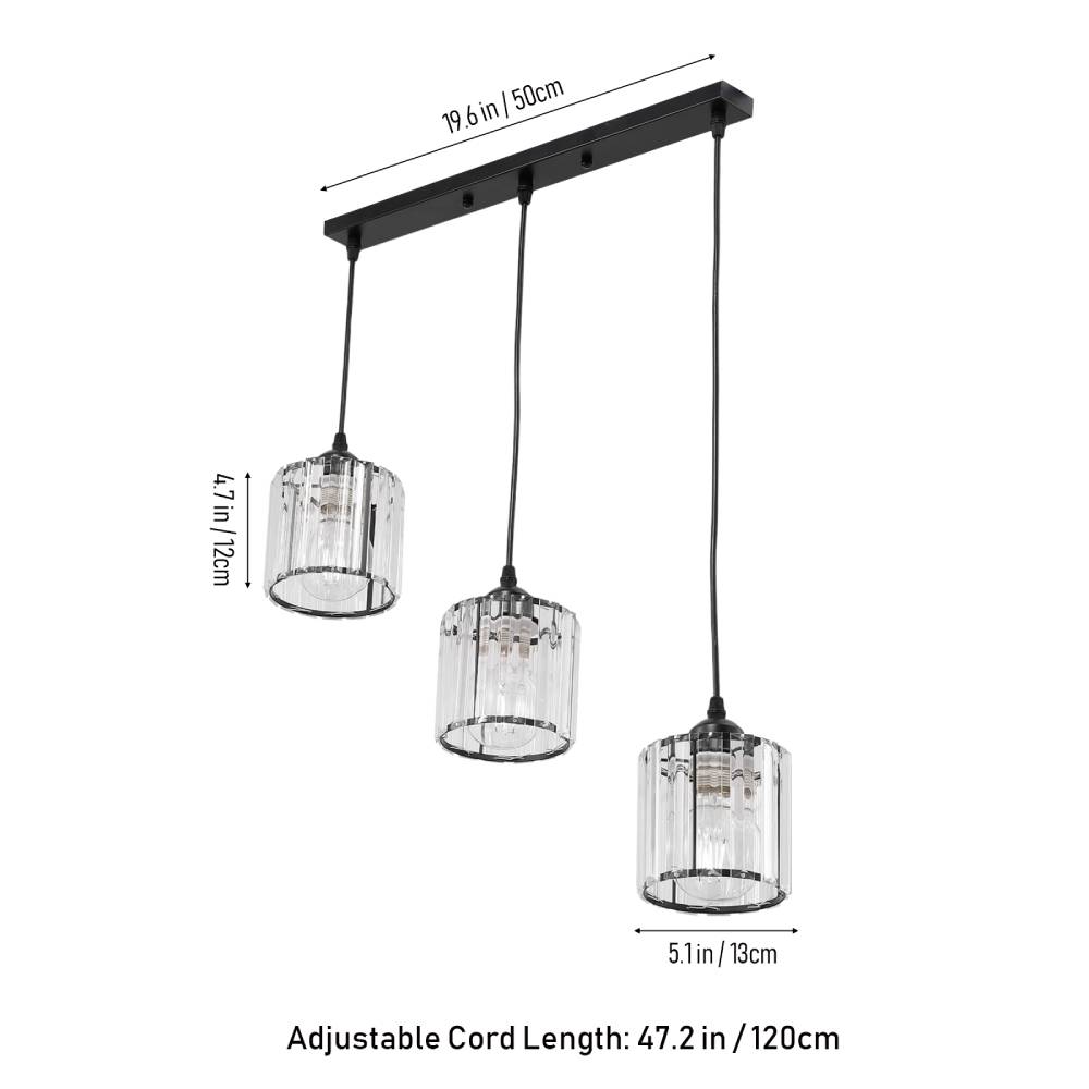 Modern 3-light Crystal Pendant Light Adjustable Linear Ceiling Fixture With Round Glass Shades | Black