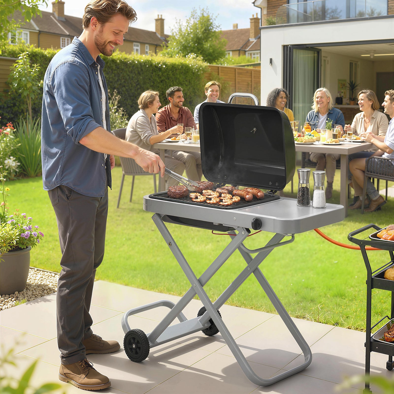 Outsunny Foldable Gas Bbq Barbecue Grill With Side Table, 2.5 Kw, Black