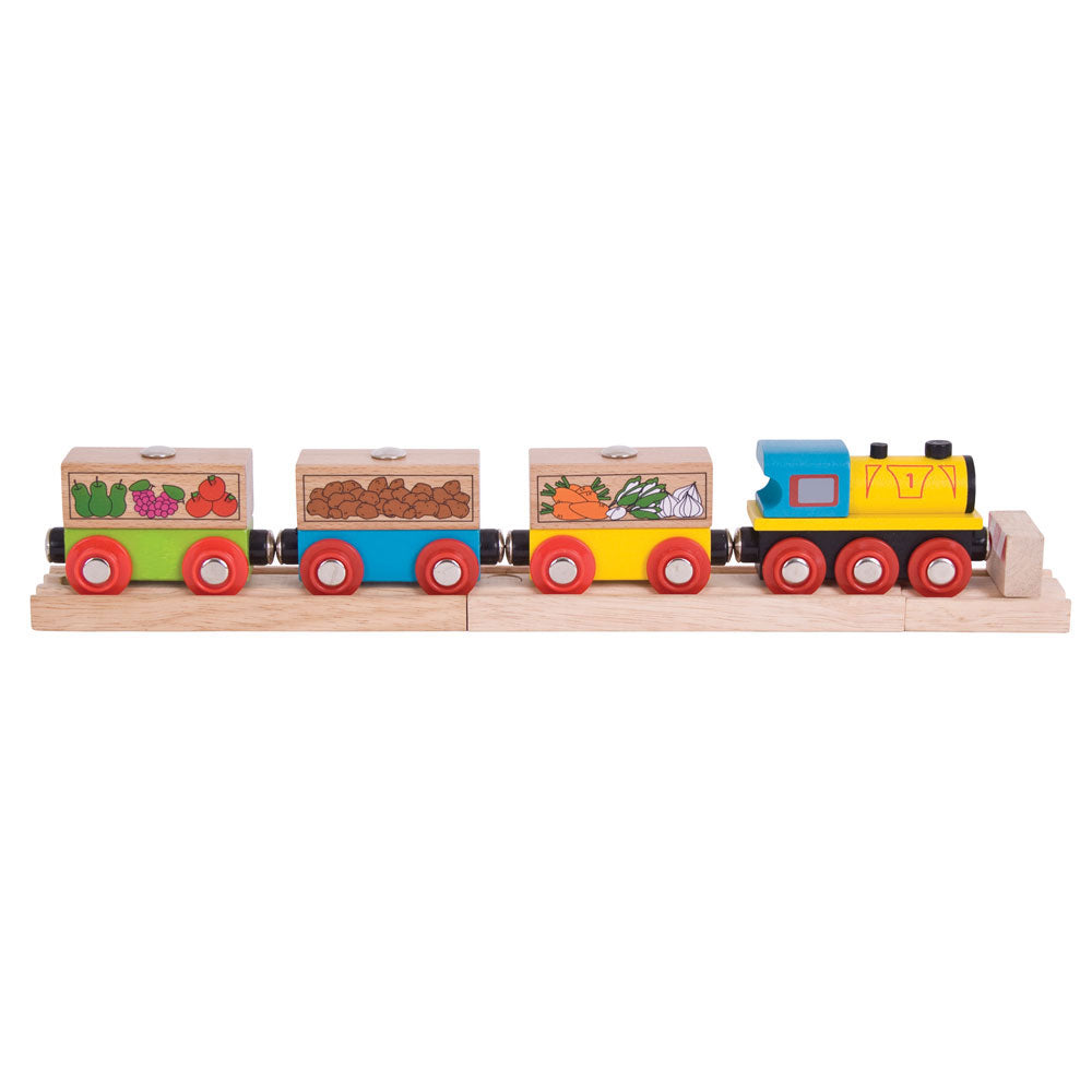 Wooden Fruit and Veg Train Engine & Carriages