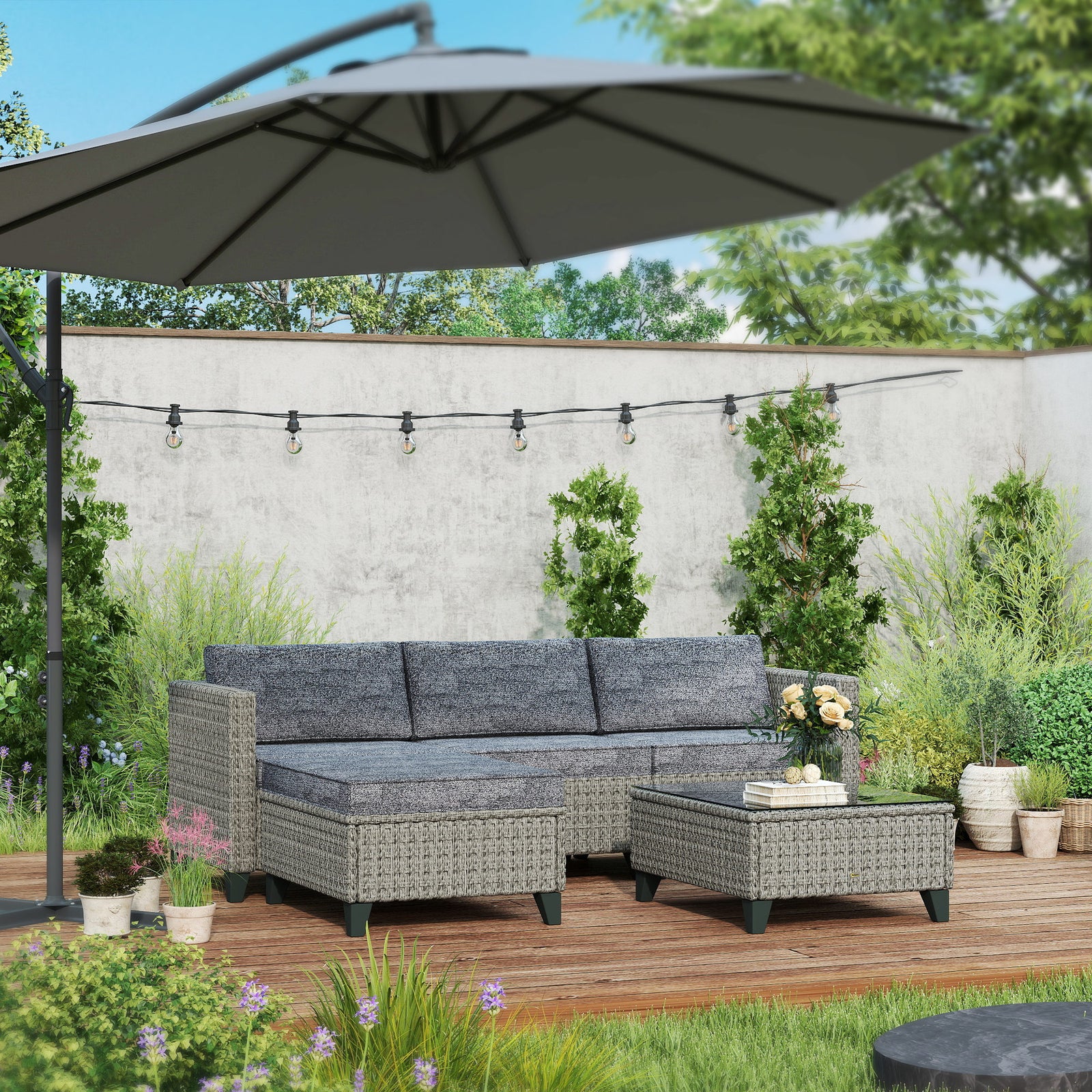 5 Pieces Rattan Garden Furniture Set W/ Corner Sofa, Table