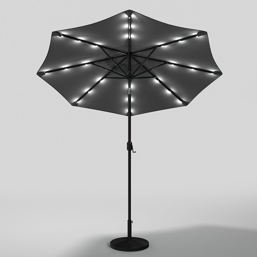 3m Outdoor Patio Parasol – Solar-powered Umbrella With 24 Led Lights, Tilt & Crank Handle, With Round Base | One Size | Dark Grey