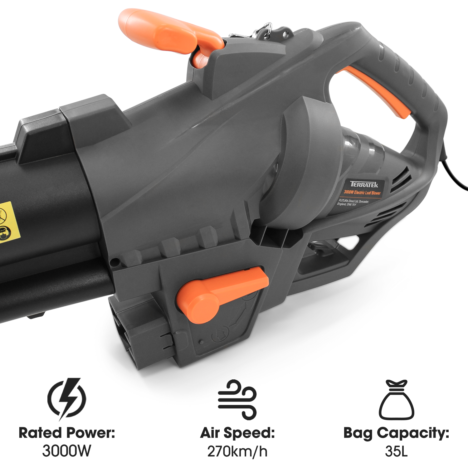 3000w Corded Leaf Blower & Vacuum, 3-in-1 Mulcher, Garden Vac & Hoover With 35l Bag, 10m Cable