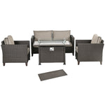 Rattan Garden Furniture Set W/ Gas Fire Pit Table, Cushion | Brown