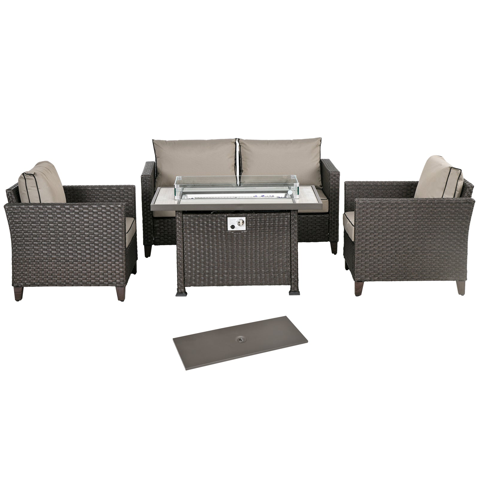 Rattan Garden Furniture Set W/ Gas Fire Pit Table, Cushion | Brown