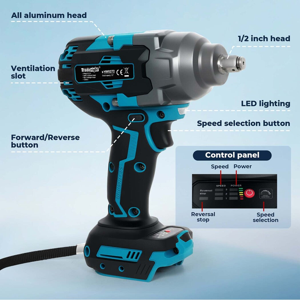 21v Brushless Impact Wrench 1/2" Rattle Gun 2×4.0ah 1200nm Kit Set | Blue