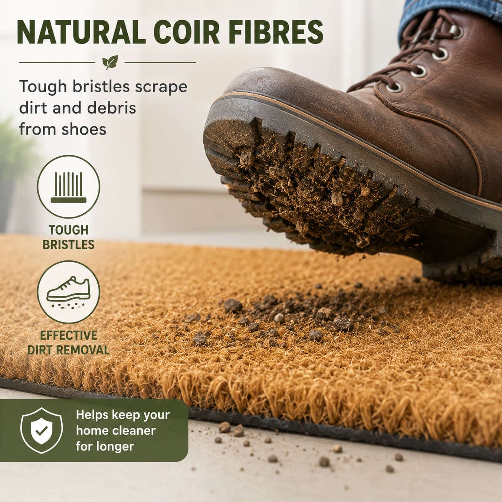 Natural Coconut Coir Plain Door Mat | 90cm x 60cm | Brown