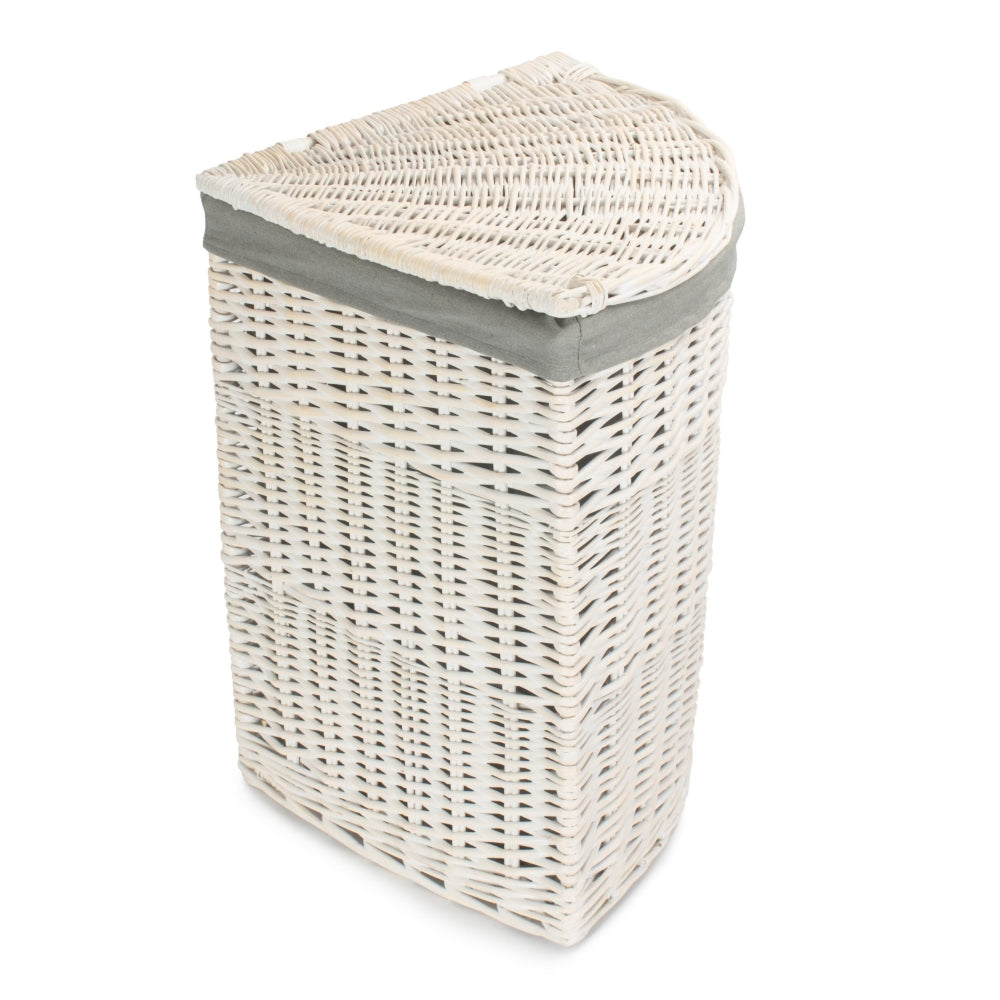 Corner White Wash Laundry Hamper With Grey Sage Lining | Large