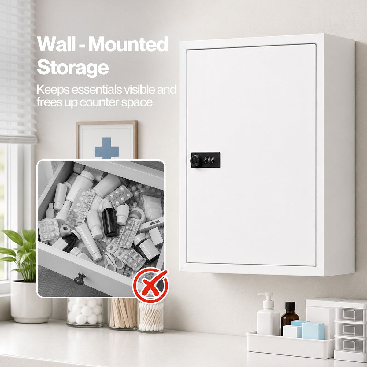 Medicine Cabinet Lockable Storage Box Wall Mounted Metal Home,white