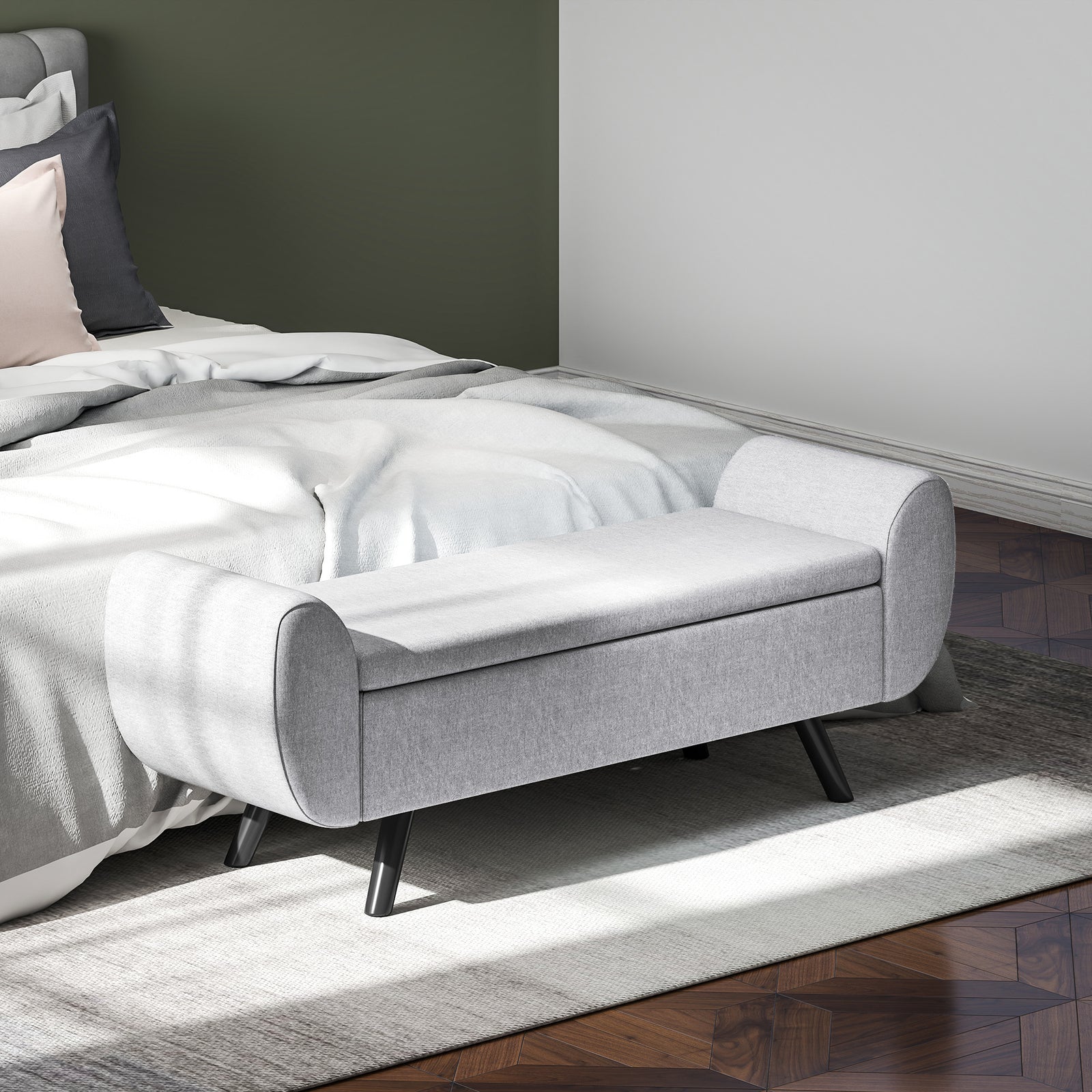 Storage Ottoman With Armrest, Upholstered Linen Storage Bench | Light Grey