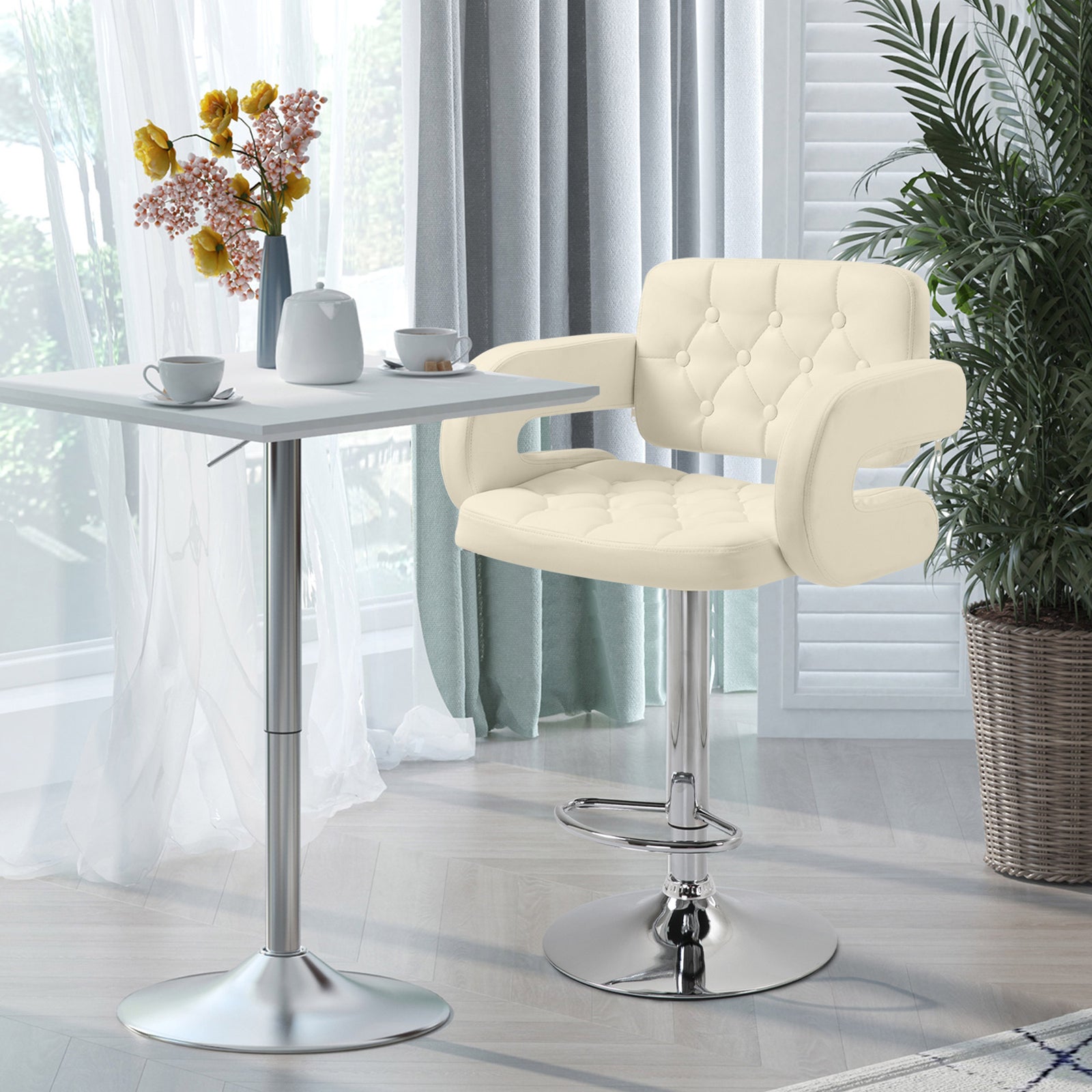 Adjustable Height Barstool Steel Pole Pu Leather | Beige