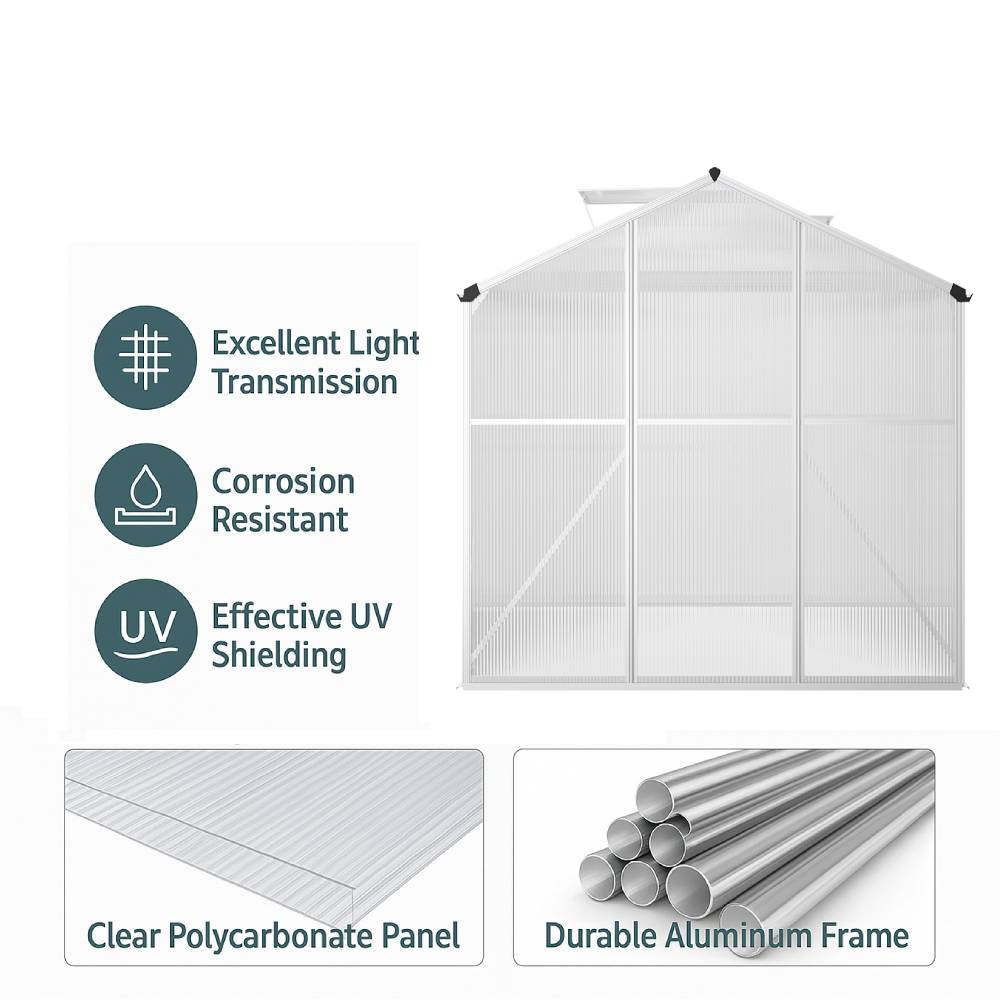 Polycarbonate Greenhouse– Aluminum Frame Walk-in Greenhouse With Sliding Door & 2 Ventilation Window For Plants & Flowers | White