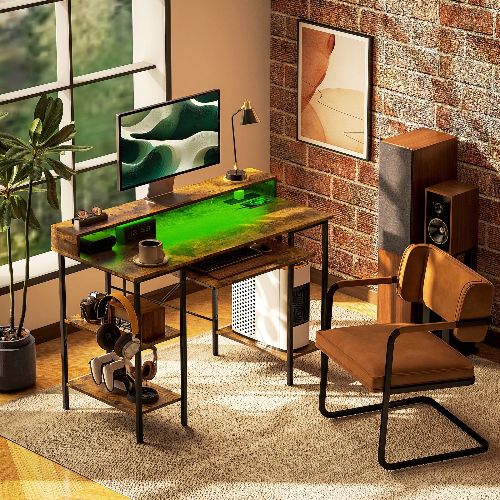 Gaming Desk With Monitor Stand And Sliding Keyboard Tray | Brown