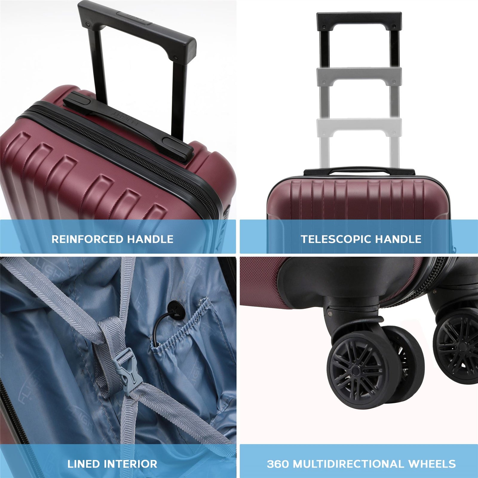 45x36x20cm Lightweight Underseat Cabin Carry On Suitcase - 100+ Airline Approved - Hard Shell Luggage - 4 Wheels | 45 x 36 x 20cm | Burgundy