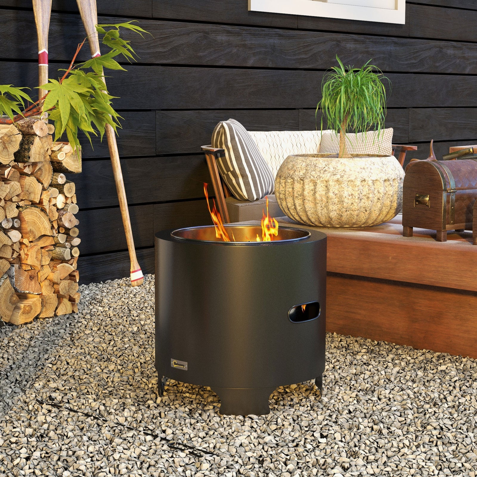 Fire Pit, Round Metal Bonfire Stove W/ Poker