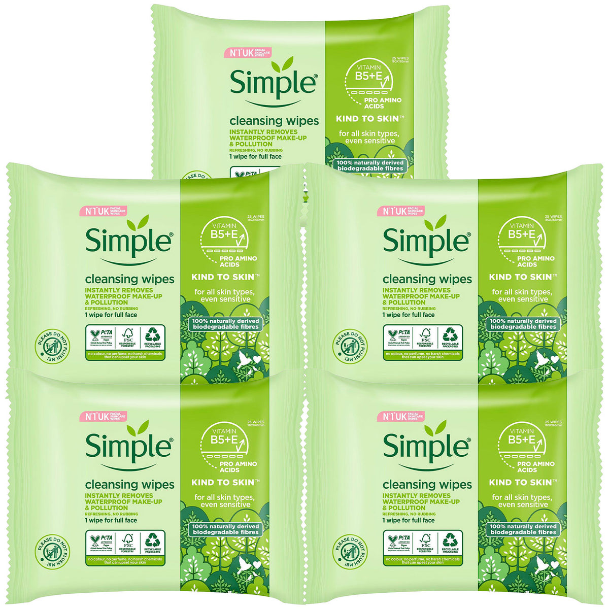 Kind To Skin Double Sided Cleansing Biodegradable Facial Wipes, 25pcs,5pk | Set of 5