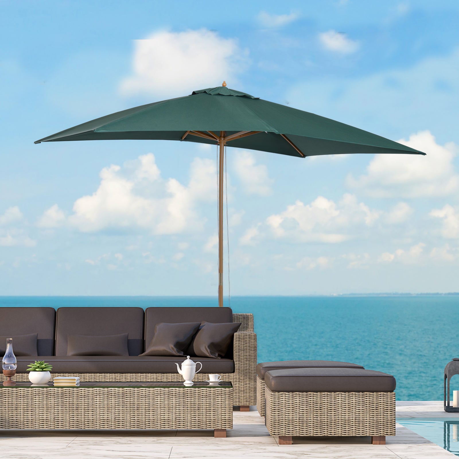 Wooden Garden Parasol Sun Shade Outdoor Umbrella Canopy | Green