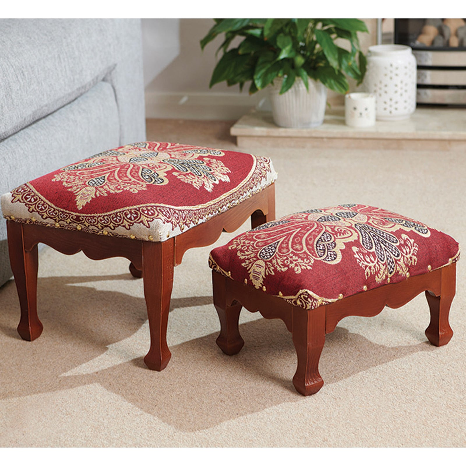 Nesting Footstools Pack Of 2 Red Woven Fabric Top, Wooden Frame