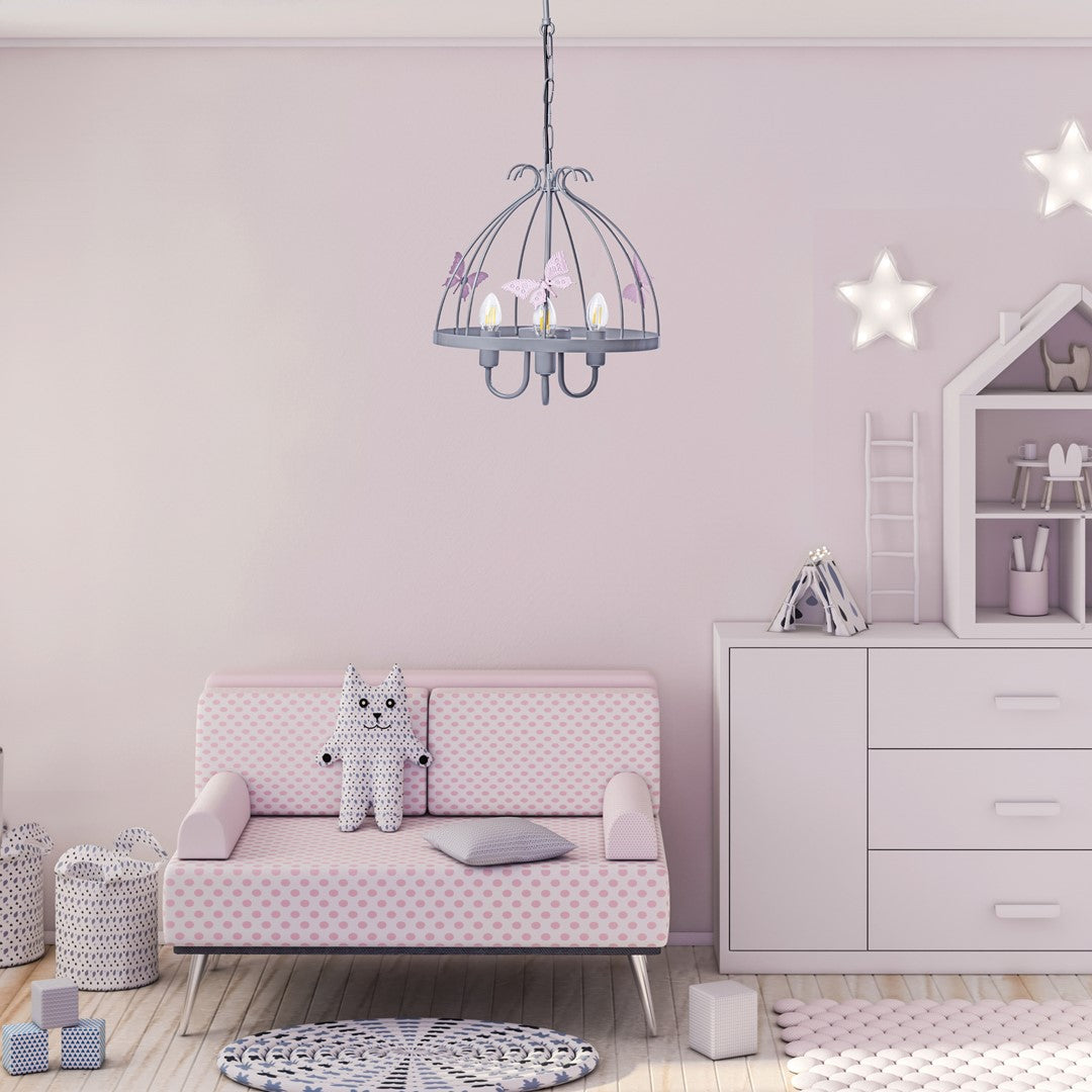 Kago Pink/grey Pendant Lamp Beautiful Hand Made Ceiling Light With A Butterfly Theme In Modern Grey And Baby Pink