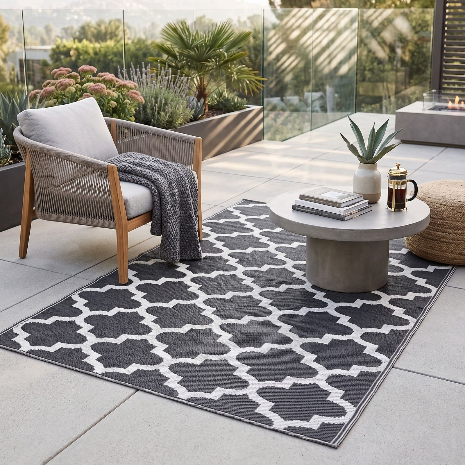Luxury Outdoor Rug Waterproof Reversible For Garden Patio 100% Recycled, Black Nola Geometric | 120cm x 180cm | Black