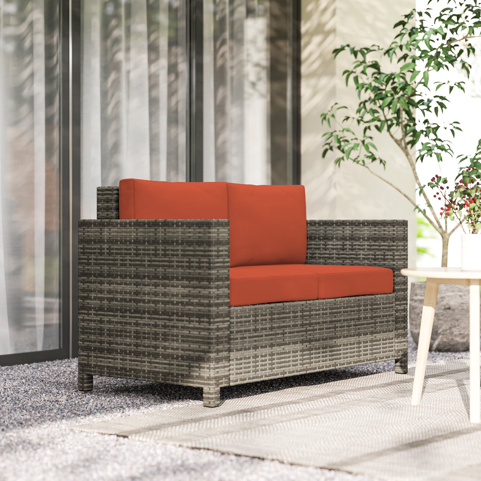 Rattan Wicker 2-seat Sofa Loveseat Padded Garden Furniture | Orange
