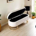 White Teddy Fur Upholstered Storage Bench With Gold Metal Base, Modern Ottoman Seat With Hidden Compartment For Bedroom Or Living Room