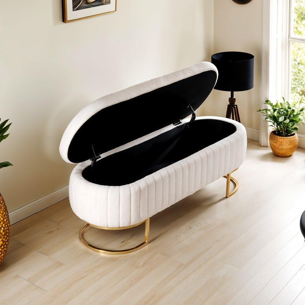 White Teddy Fur Upholstered Storage Bench With Gold Metal Base, Modern Ottoman Seat With Hidden Compartment For Bedroom Or Living Room