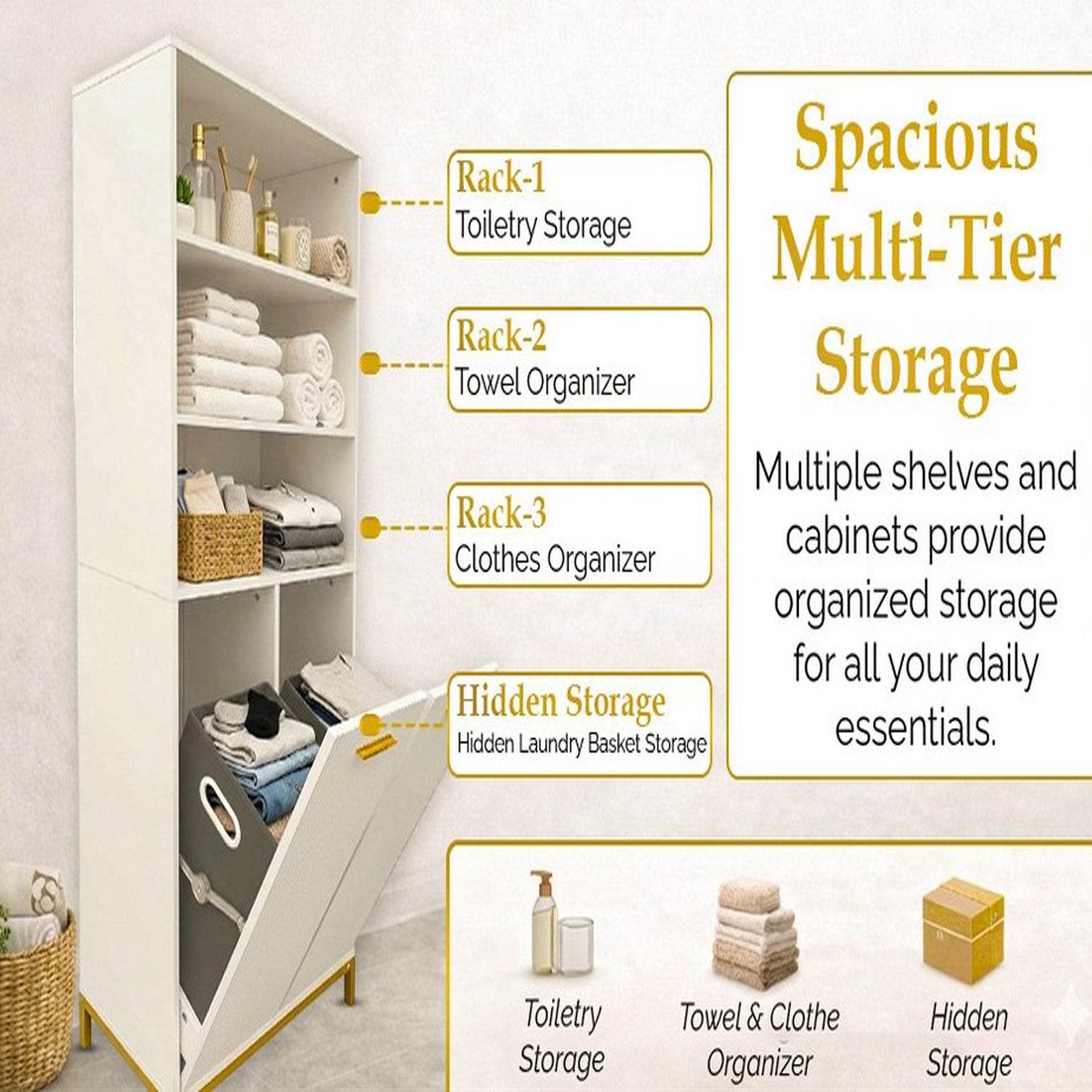 HYGRAD BUILT TO SURVIVE Bathroom Tall Storage Cabinet With 2 Laundry Hampers – Freestanding Organiser Cupboard